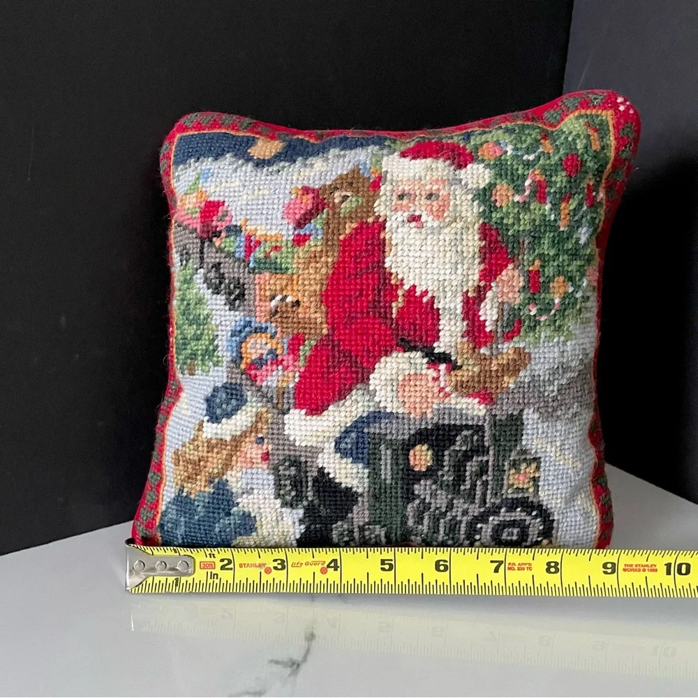 Santa on a Train Holiday Needlepoint Pillow